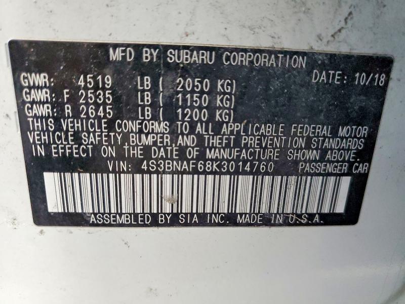 2019 Subaru Legacy მანქანა იყიდება აუქციონზე, vin: 4S3BNAF68K3014760, აუქციონის ნომერი: 77329275