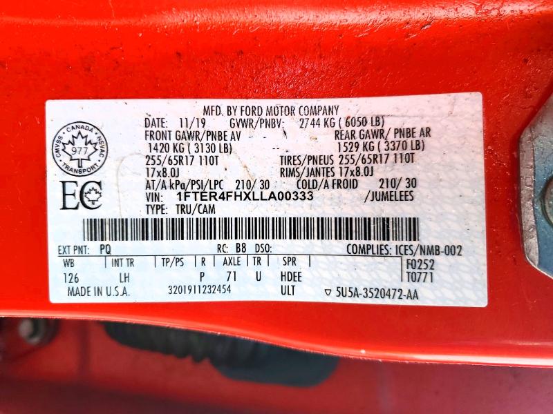 Продаж на аукціоні авто 2020 Ford Ranger, vin: 1FTER4FHXLLA00333, номер лоту: 76219955