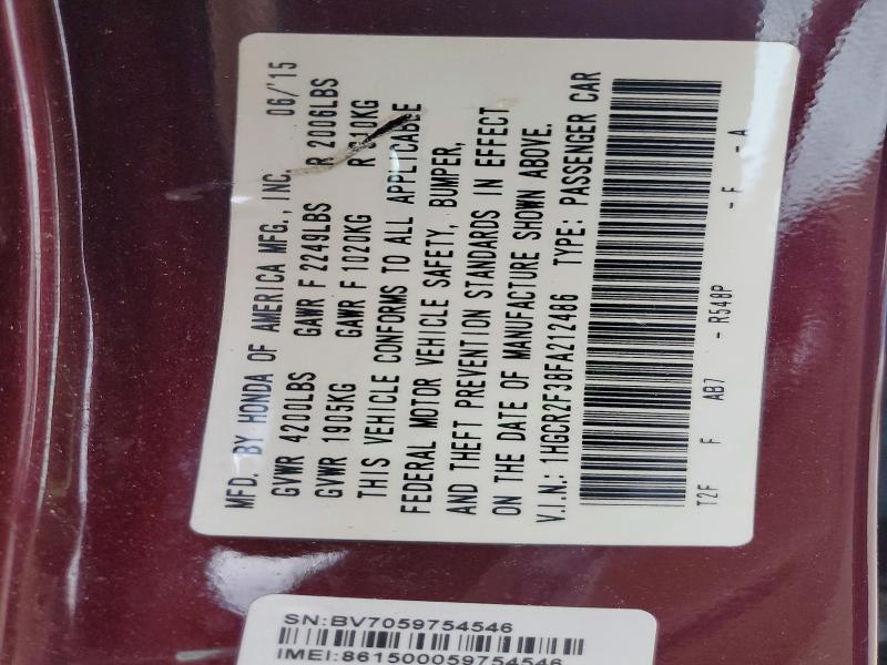78242865 :رقم المزاد ، 1HGCR2F38FA212486 vin ، 2015 Honda Accord مزاد بيع