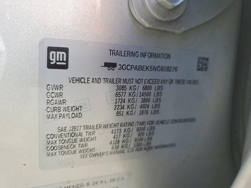 2022 Chevrolet Silverado მანქანა იყიდება აუქციონზე, vin: 3GCPABEK5NG608276, აუქციონის ნომერი: 76514895