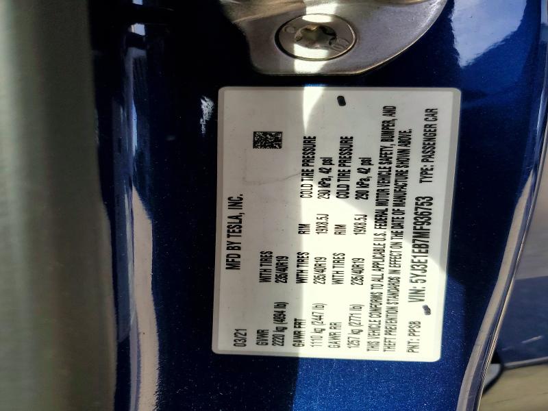 78415925 :رقم المزاد ، 5YJ3E1EB7MF936753 vin ، 2021 Tesla Model 3 مزاد بيع