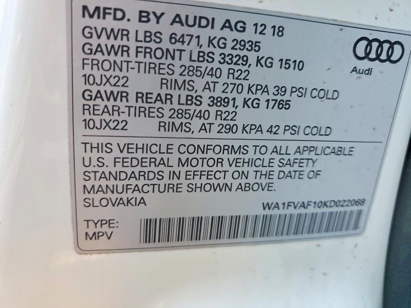 Aukcja sprzedaży 2019 Audi Q8, vin: WA1FVAF10KD022068, numer aukcji: 79302385