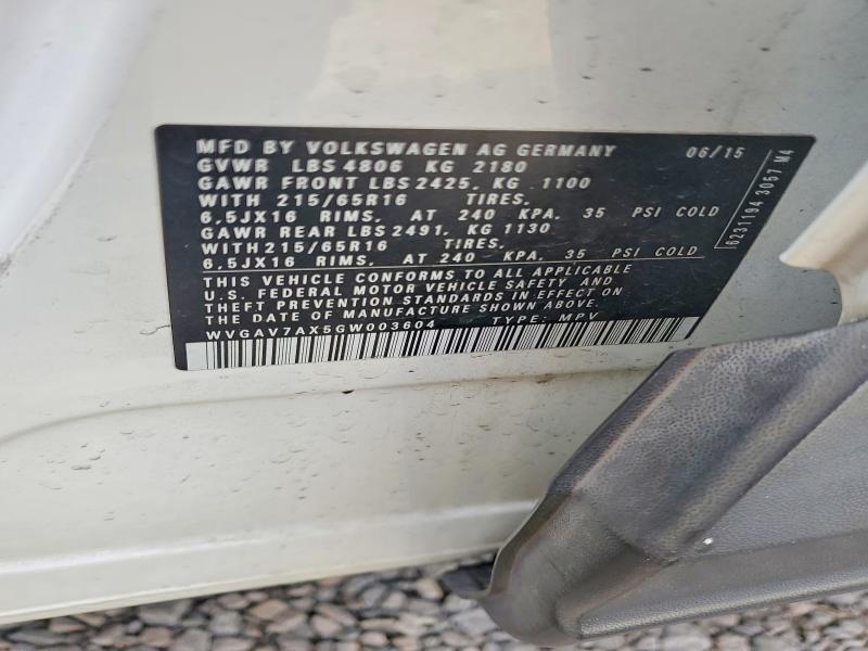 Aukcja sprzedaży 2016 Volkswagen Tiguan, vin: WVGAV7AX5GW003604, numer aukcji: 75730215