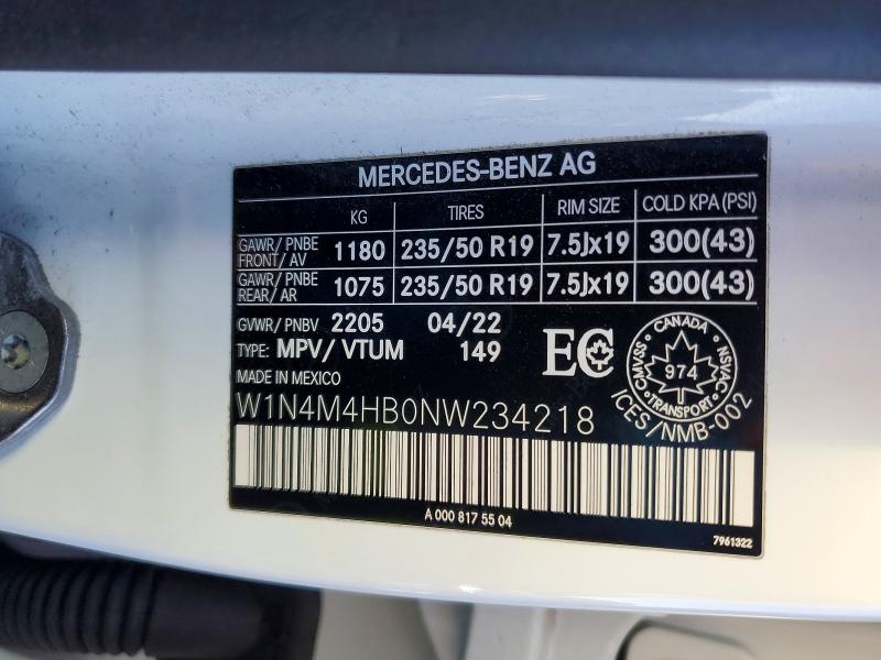 79096355 :رقم المزاد ، W1N4M4HB0NW234218 vin ، 2022 Mercedes-benz Glb مزاد بيع