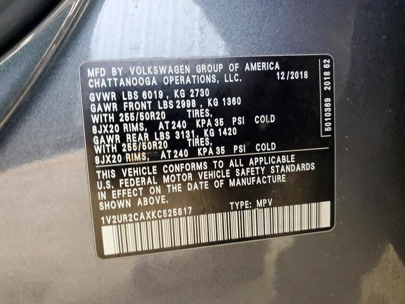 47450976 :رقم المزاد ، 1V2UR2CAXKC525817 vin ، 2019 Volkswagen Atlas مزاد بيع