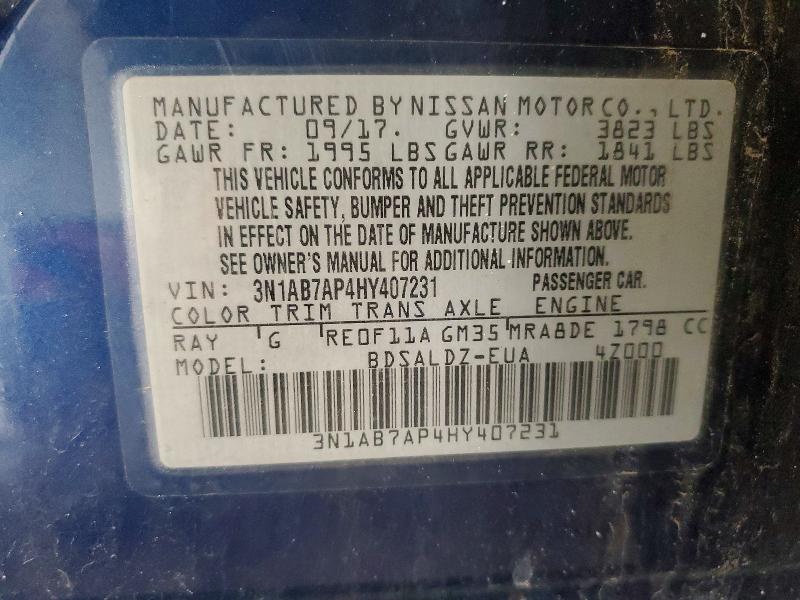 2017 Niss Sentra მანქანა იყიდება აუქციონზე, vin: 3N1AB7AP4HY407231, აუქციონის ნომერი: 77299625