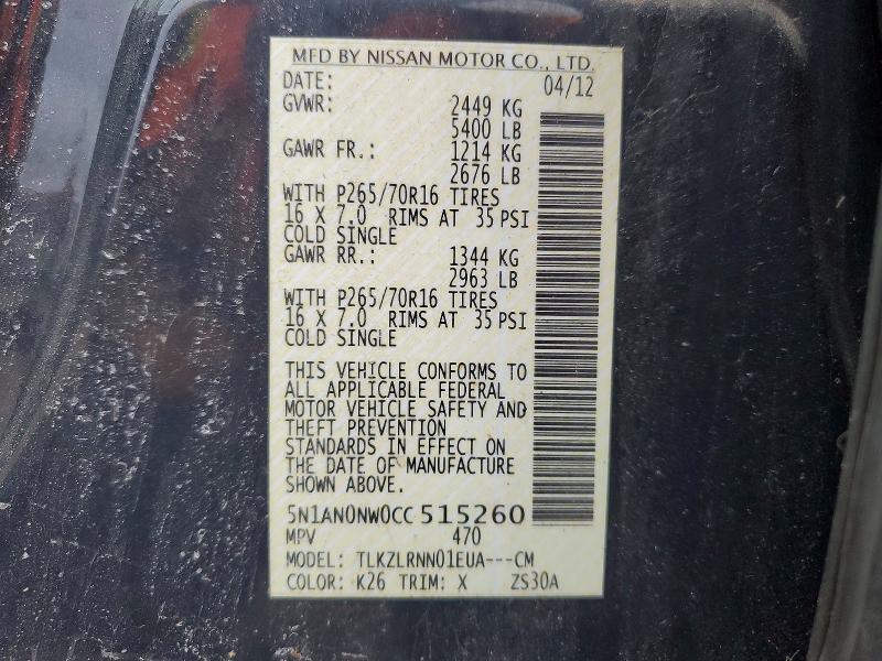 77364275 :رقم المزاد ، 5N1AN0NW0CC515260 vin ، 2012 Nissan Xterra Off مزاد بيع