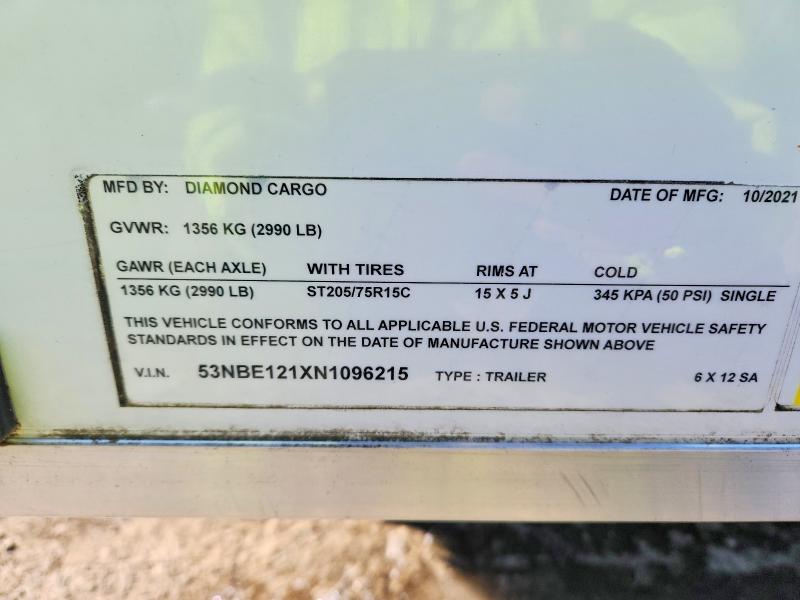 Продажа на аукционе авто 2022 Diamond Cargo Trailer, vin: 53NBE121XN1096215, номер лота: 75650115