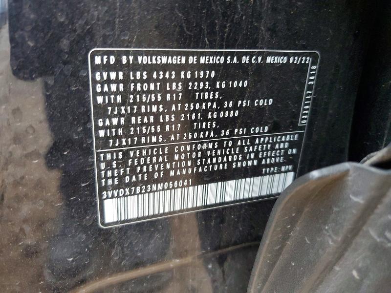 76837725 :رقم المزاد ، 3VVDX7B23NM056041 vin ، 2022 Volkswagen Taos مزاد بيع