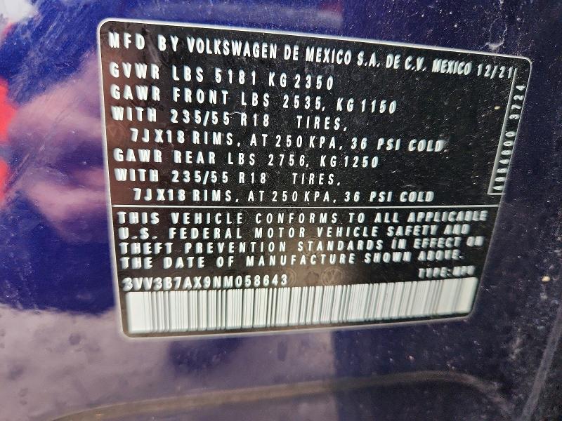 2022 Volkswagen Tiguan მანქანა იყიდება აუქციონზე, vin: 3VV3B7AX9NM058643, აუქციონის ნომერი: 76446015