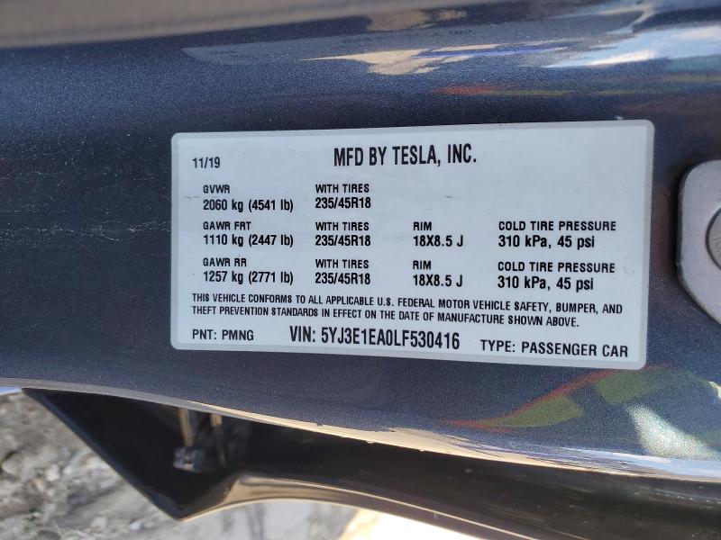 75281495 :رقم المزاد ، 5YJ3E1EA0LF530416 vin ، 2020 Tesla Model 3 مزاد بيع
