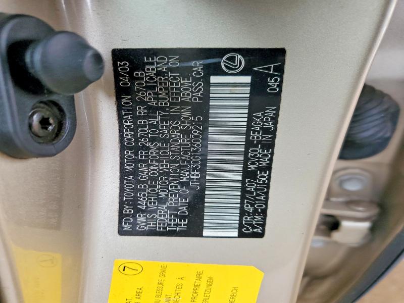2003 Lexus Es მანქანა იყიდება აუქციონზე, vin: JTHBF30G136009215, აუქციონის ნომერი: 76803575