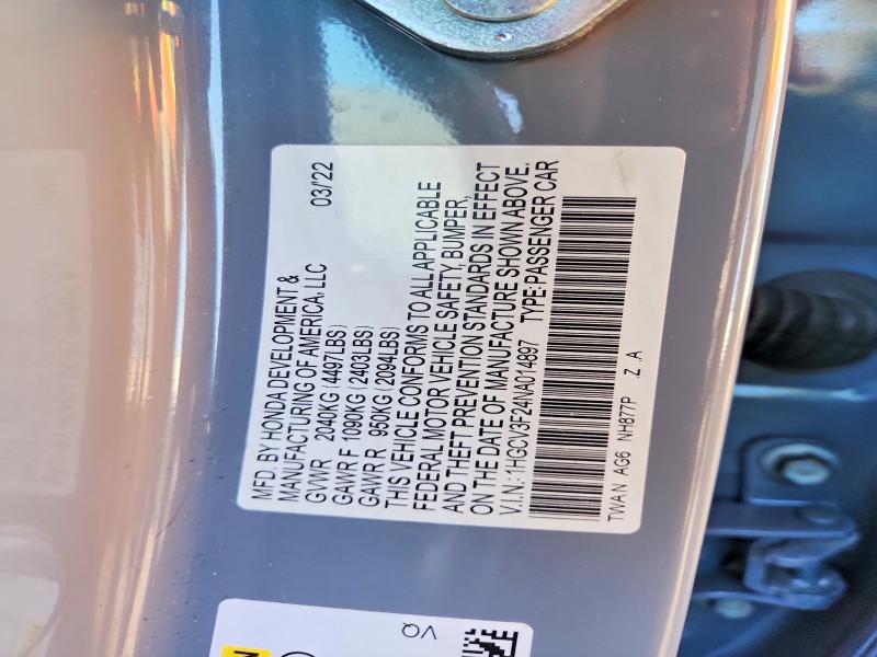 Aukcja sprzedaży 2022 Honda Accord, vin: 1HGCV3F24NA014897, numer aukcji: 79414295