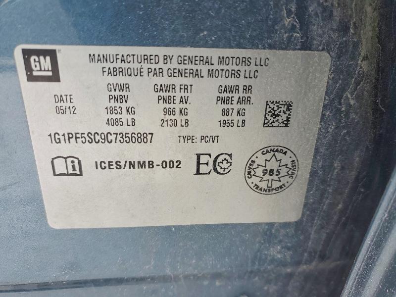 74002755 :رقم المزاد ، 1G1PF5SC9C7356887 vin ، 2012 Chevrolet Cruze Lt مزاد بيع