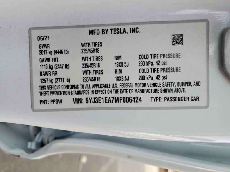 Продаж на аукціоні авто 2021 Tesla Model 3, vin: 5YJ3E1EA7MF006424, номер лоту: 76464445