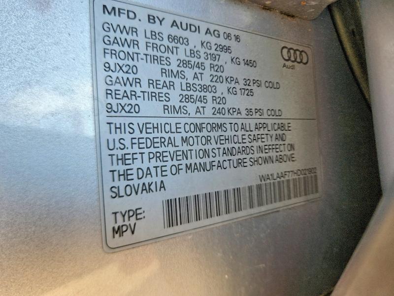 77105345 :رقم المزاد ، WA1LAAF77HD021902 vin ، 2017 Audi Q7 مزاد بيع