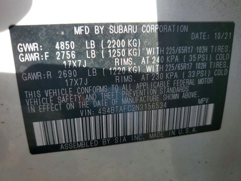 Продажа на аукционе авто 2022 Subaru Outback, vin: 4S4BTAFC2N3156534, номер лота: 77393195