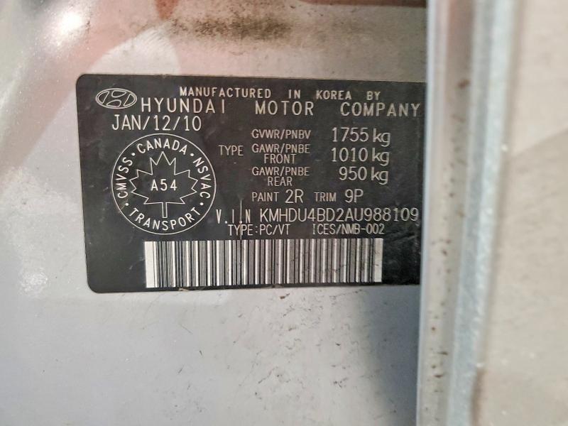 Aukcja sprzedaży 2010 Hyundai Elantra, vin: KMHDU4BD2AU988109, numer aukcji: 76603205