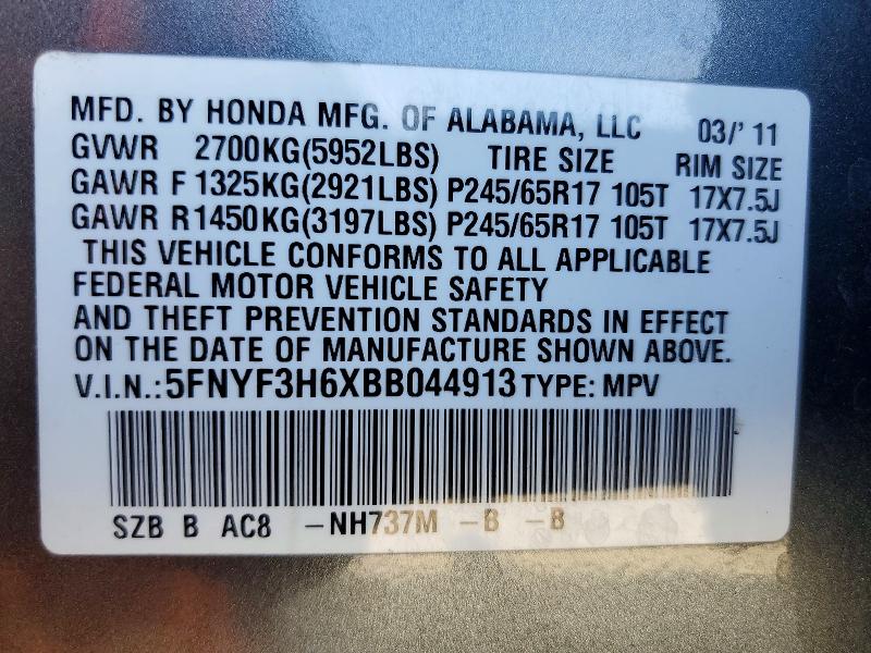 Продаж на аукціоні авто 2011 Honda Pilot, vin: 5FNYF3H6XBB044913, номер лоту: 78502525