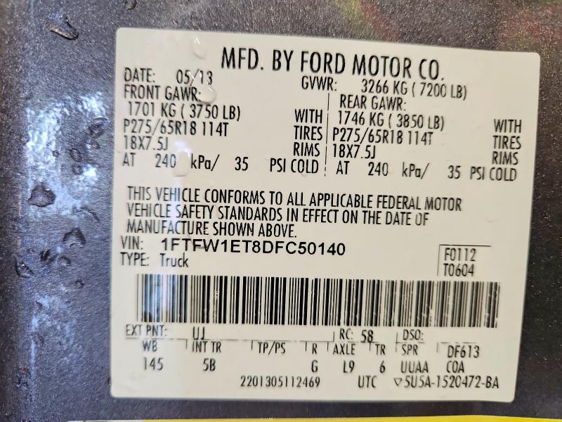 2013 Ford F150 მანქანა იყიდება აუქციონზე, vin: 1FTFW1ET8DFC50140, აუქციონის ნომერი: 78452975