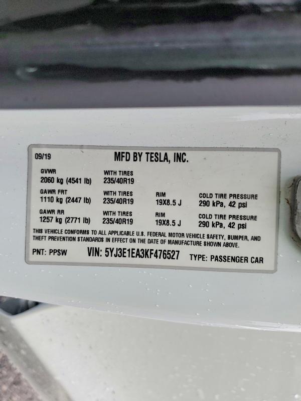 Aukcja sprzedaży 2019 Tesla Model 3, vin: 5YJ3E1EA3KF476527, numer aukcji: 77535335