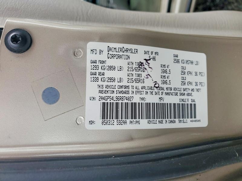 2006 Chrysler Town & Country მანქანა იყიდება აუქციონზე, vin: 2A4GP54L96R874027, აუქციონის ნომერი: 77325875