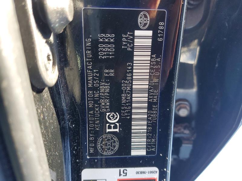 Продажа на аукционе авто 2021 Toyota Camry, vin: 4T1G11AK7MU586143, номер лота: 75829305