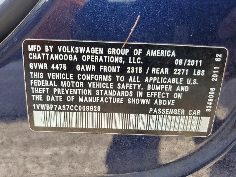 Продажа на аукционе авто 2012 Volkswagen Passat, vin: 1VWBP7A37CC009929, номер лота: 76991025