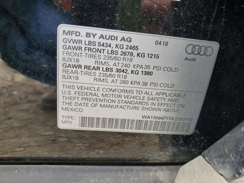 77914555 :رقم المزاد ، WA1ANAFYXK2093104 vin ، 2019 Audi Q5 مزاد بيع