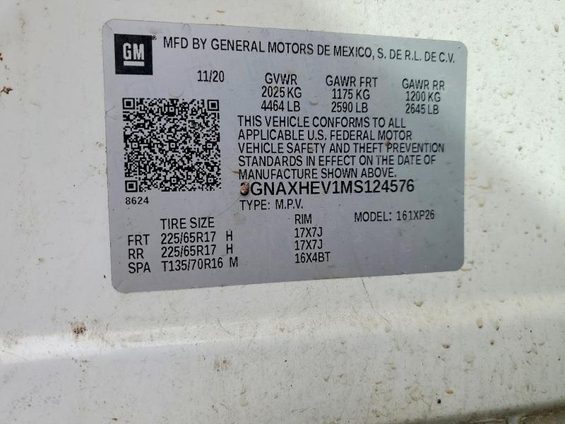 Aukcja sprzedaży 2021 Chevrolet Equinox, vin: 3GNAXHEV1MS124576, numer aukcji: 78809795