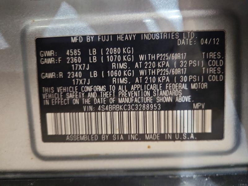 Aukcja sprzedaży 2012 Subaru Outback 2., vin: 4S4BRBKC3C3288953, numer aukcji: 75804445
