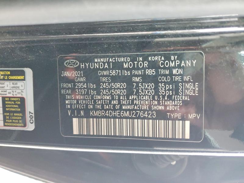 2021 Hyundai Palisade მანქანა იყიდება აუქციონზე, vin: KM8R4DHE6MU276423, აუქციონის ნომერი: 78415595