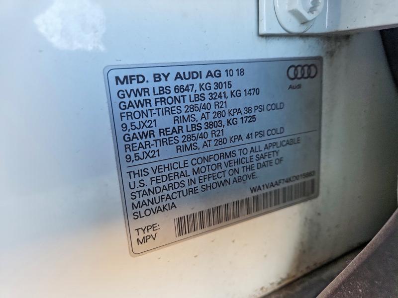 77657805 :رقم المزاد ، WA1VAAF74KD015863 vin ، 2019 Audi Q7 مزاد بيع