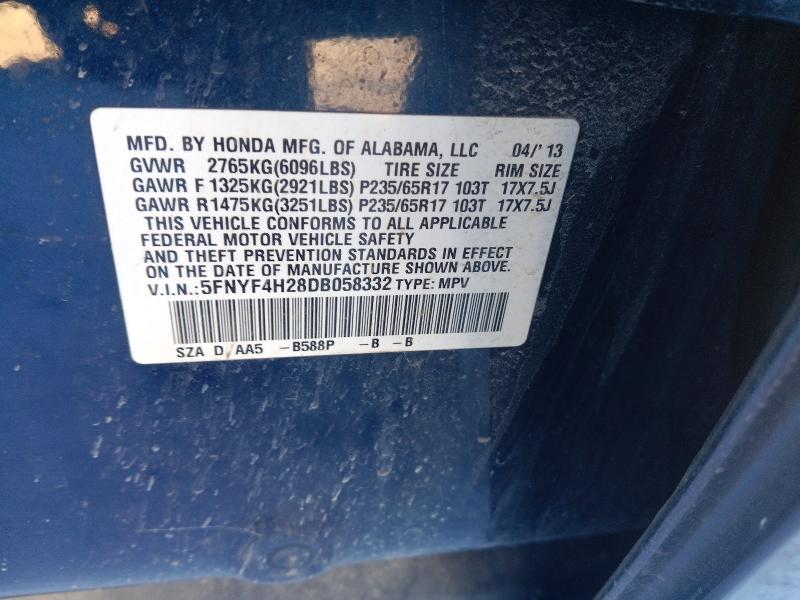 Продаж на аукціоні авто 2013 Honda Pilot, vin: 5FNYF4H28DB058332, номер лоту: 74508355