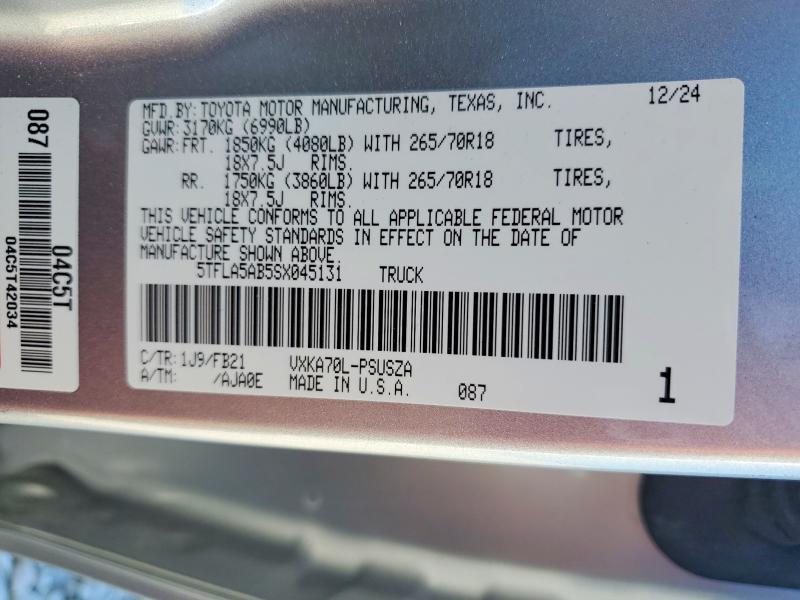 2025 Toyota Tundra მანქანა იყიდება აუქციონზე, vin: 5TFLA5AB5SX045131, აუქციონის ნომერი: 78825585