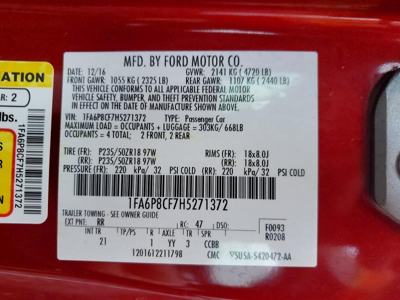 2017 Ford Mustang მანქანა იყიდება აუქციონზე, vin: 1FA6P8CF7H5271372, აუქციონის ნომერი: 78084235