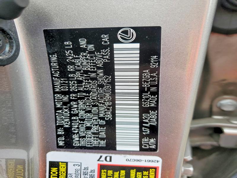 76664305 :رقم المزاد ، 58ACZ1B19MU097152 vin ، 2021 Lexus Es 350 مزاد بيع