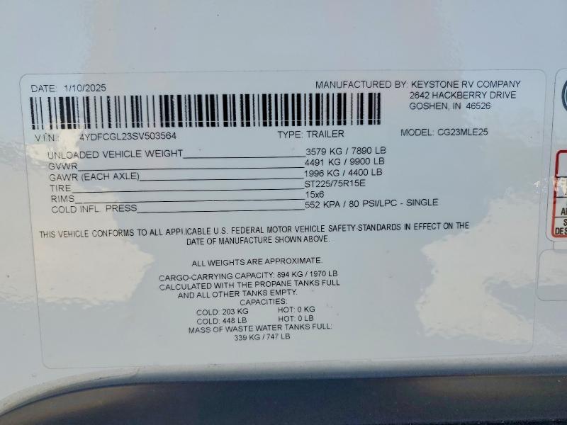 Продаж на аукціоні авто 2025 Keys Cougar, vin: 4YDFCGL23SV503564, номер лоту: 78106985