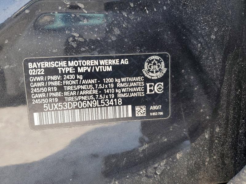 76374095 :رقم المزاد ، 5UX53DP06N9L53418 vin ، 2022 Bmw X3 مزاد بيع