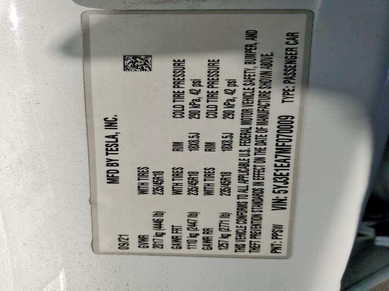 Продажа на аукционе авто 2021 Tesla Model 3, vin: 5YJ3E1EA7MF070009, номер лота: 77615155