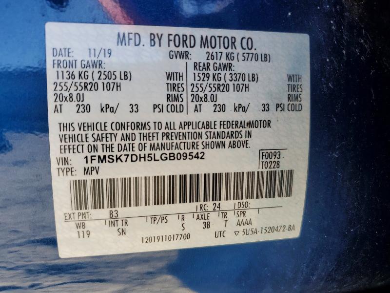 Продаж на аукціоні авто 2020 Ford Explorer, vin: 1FMSK7DH5LGB09542, номер лоту: 78488335