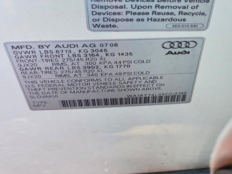 Продажа на аукционе авто 2009 Audi Q7, vin: WA1AY74L89D012195, номер лота: 75373255