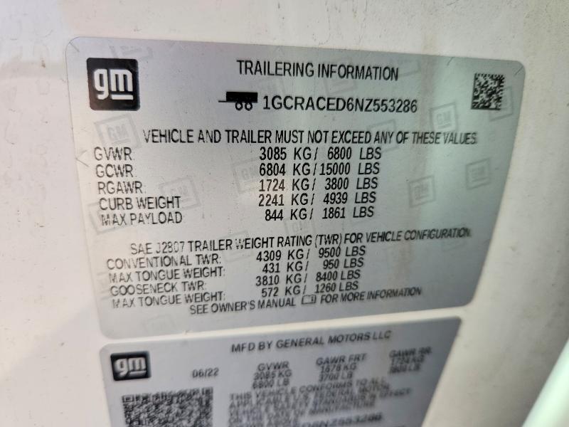 Aukcja sprzedaży 2022 Chevrolet Silverado, vin: 1GCRACED6NZ553286, numer aukcji: 75397175