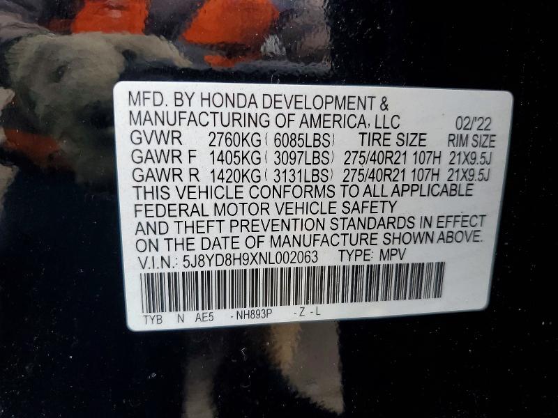 77905245 :رقم المزاد ، 5J8YD8H9XNL002063 vin ، 2022 Acura Mdx مزاد بيع