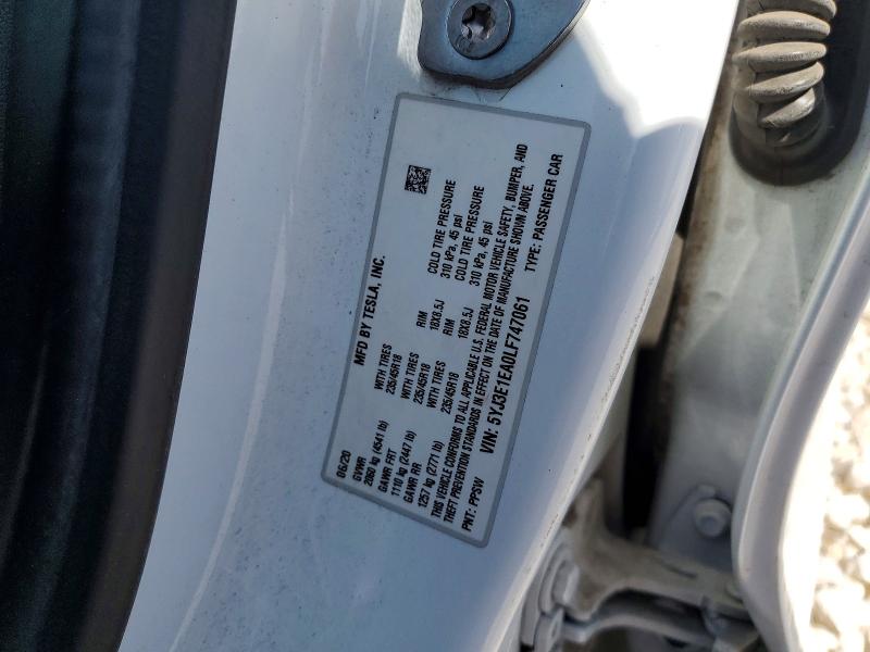 78709415 :رقم المزاد ، 5YJ3E1EA0LF747061 vin ، 2020 Tesla Model 3 مزاد بيع