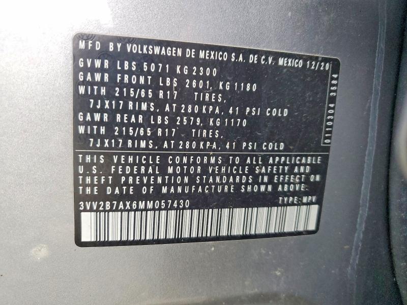 2021 Volkswagen Tiguan მანქანა იყიდება აუქციონზე, vin: 3VV2B7AX6MM057430, აუქციონის ნომერი: 76994595