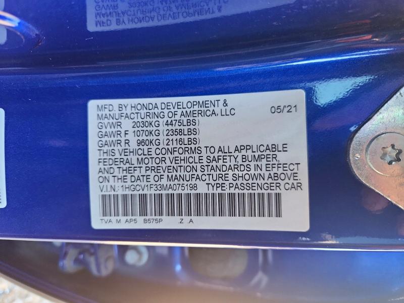 76449845 :رقم المزاد ، 1HGCV1F33MA075198 vin ، 2021 Honda Accord مزاد بيع