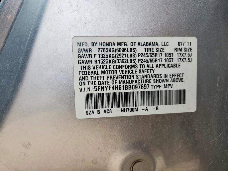 2011 Honda Pilot მანქანა იყიდება აუქციონზე, vin: 5FNYF4H61BB097697, აუქციონის ნომერი: 76275265