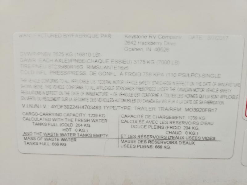 77422965 :رقم المزاد ، 4YDF39224H4703493 vin ، 2017 Keystone Montana Fifth Wheel مزاد بيع