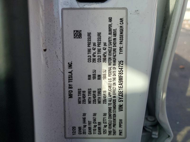 78109685 :رقم المزاد ، 5YJ3E1EA9MF854725 vin ، 2021 Tesla Model 3 مزاد بيع